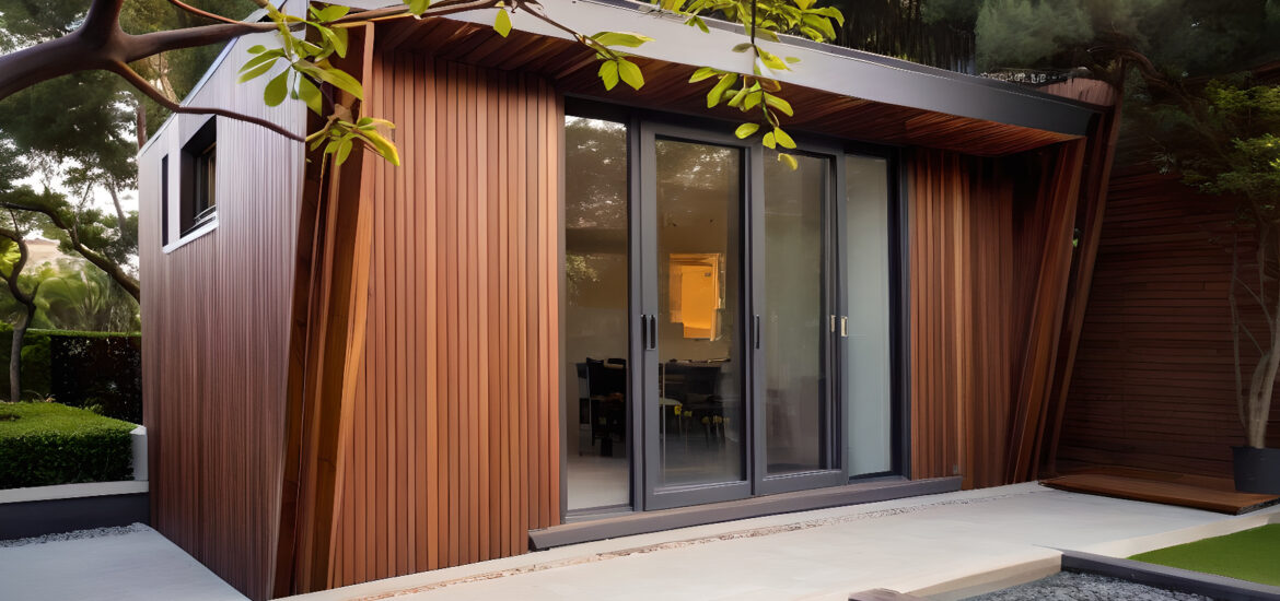 Luxurious garden room with modern furniture, warm lighting, and large glass doors, creating a cozy and stylish backyard retreat.