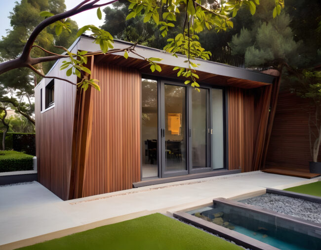 Luxurious garden room with modern furniture, warm lighting, and large glass doors, creating a cozy and stylish backyard retreat.