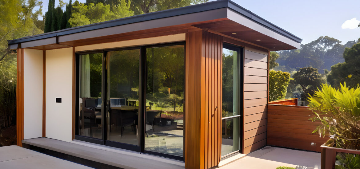 Luxury garden room with modern glass doors, surrounded by lush greenery.