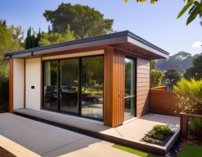 Luxury garden room with modern glass doors, surrounded by lush greenery.