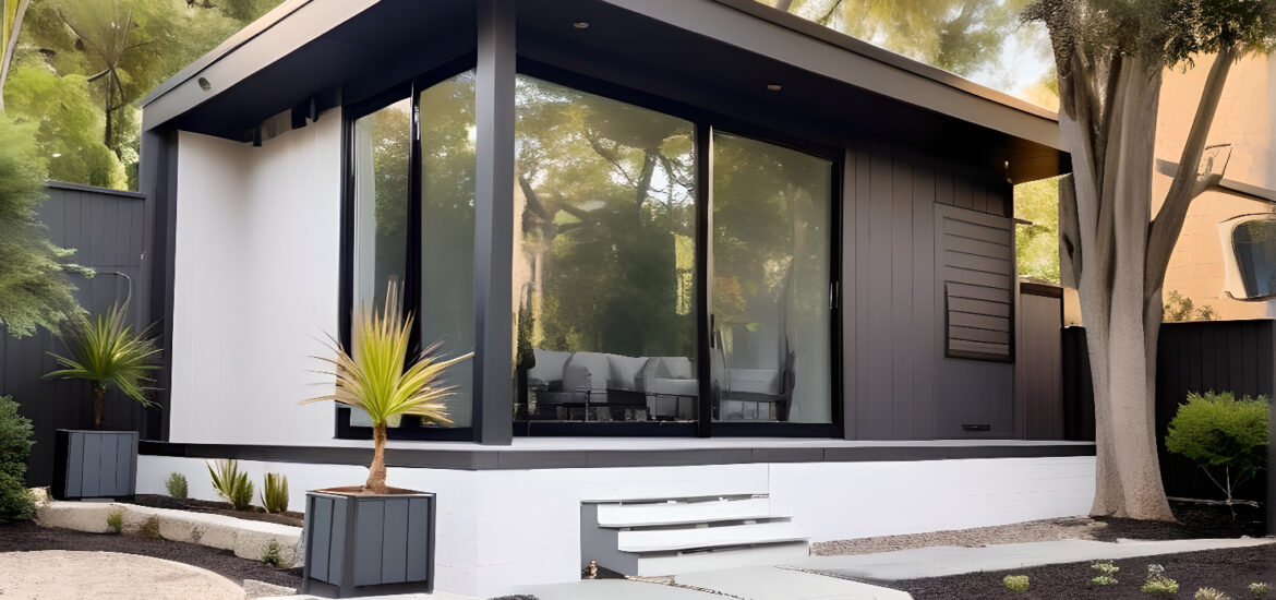 Luxury garden room with modern interior design, large glass doors, and cozy furnishings, creating a stylish and functional backyard retreat.