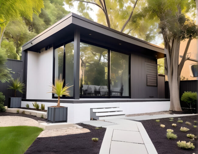 Luxury garden room with modern interior design, large glass doors, and cozy furnishings, creating a stylish and functional backyard retreat.
