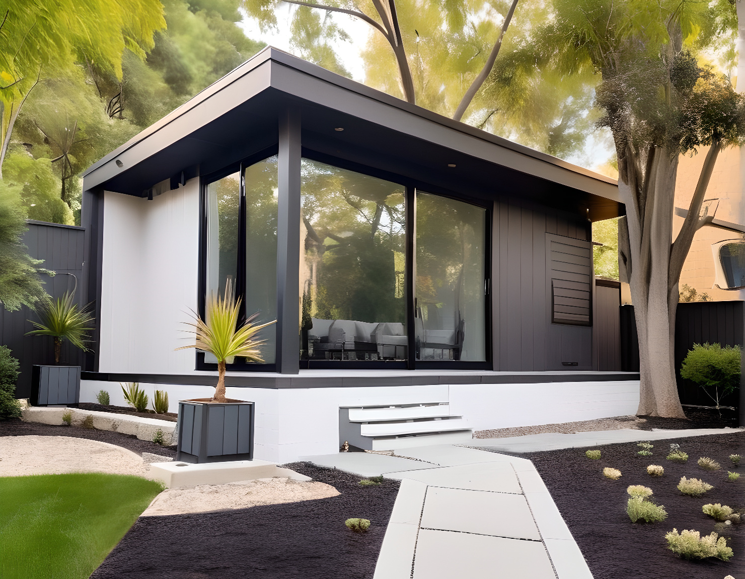 Luxury garden room with modern interior design, large glass doors, and cozy furnishings, creating a stylish and functional backyard retreat.