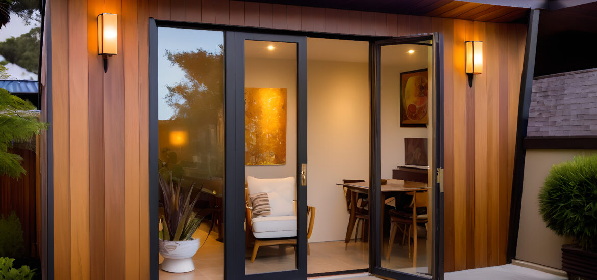 A modern luxury garden room with large sliding doors and sleek windows, nestled in a beautifully landscaped backyard.
