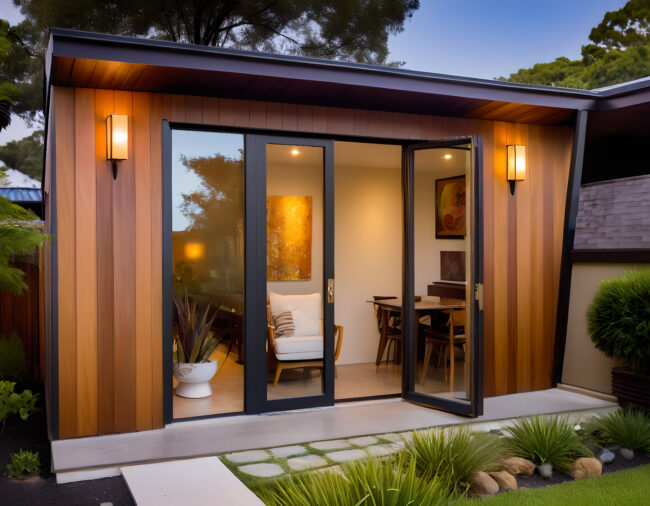 A modern luxury garden room with large sliding doors and sleek windows, nestled in a beautifully landscaped backyard.