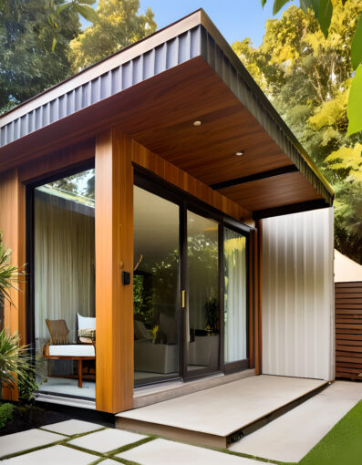 Modern luxury garden room with sleek design and large windows.