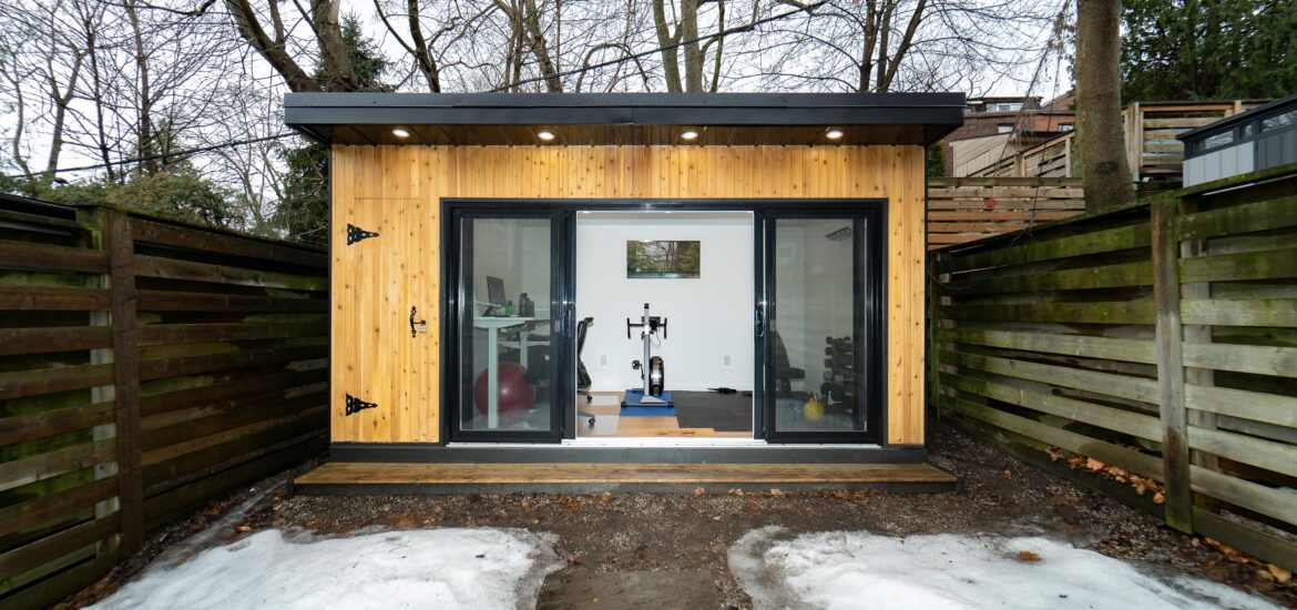 Stylish and functional garden room interior with natural light, modern furnishings, and built-in storage