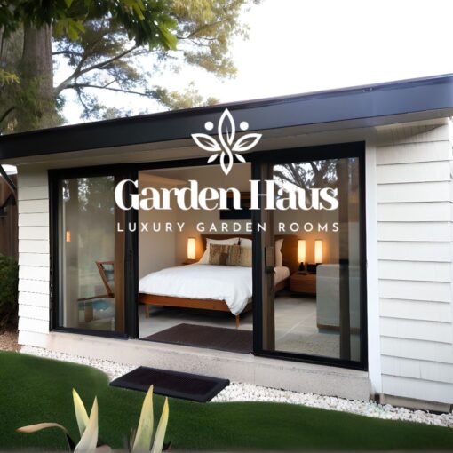 A sleek garden room with a couch, TV, and a minibar for hosting guests.