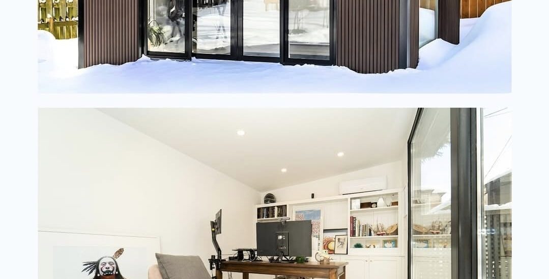 Cozy and modern garden room interior with stylish furniture, warm lighting, and natural wood finishes.