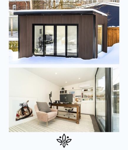 Cozy and modern garden room interior with stylish furniture, warm lighting, and natural wood finishes.