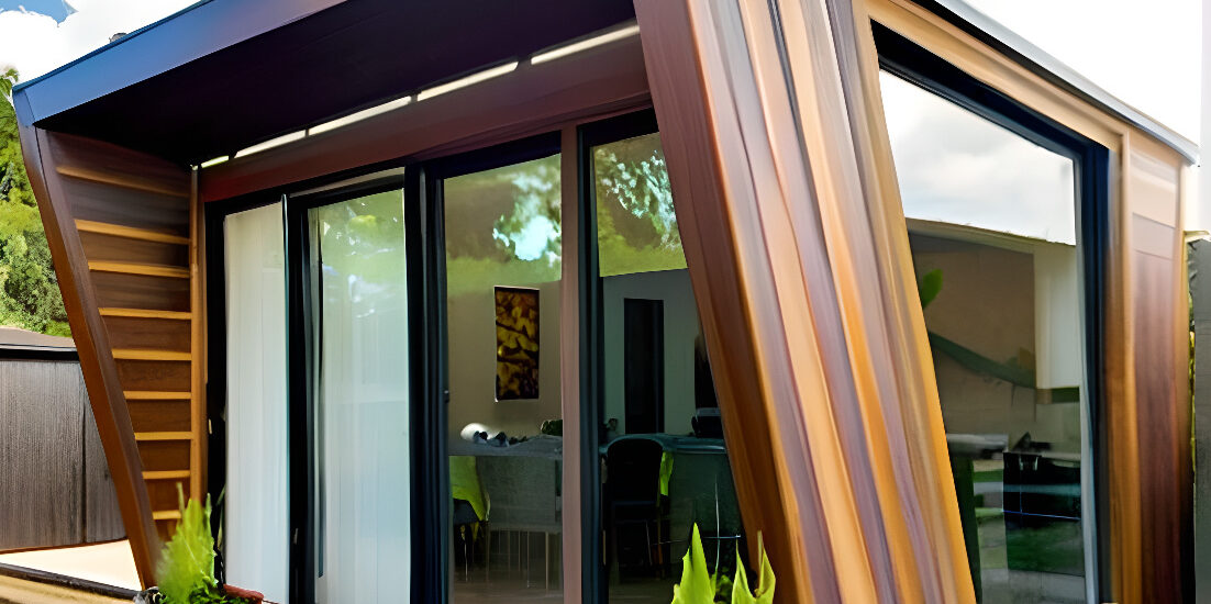 Modern garden room with large glass doors, stylish exterior, and a cozy, fully insulated interior, designed for year-round use.