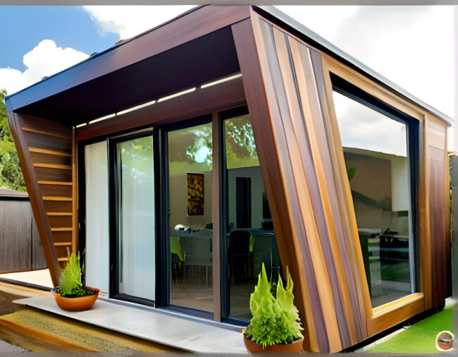 Modern garden room with large glass doors, stylish exterior, and a cozy, fully insulated interior, designed for year-round use.
