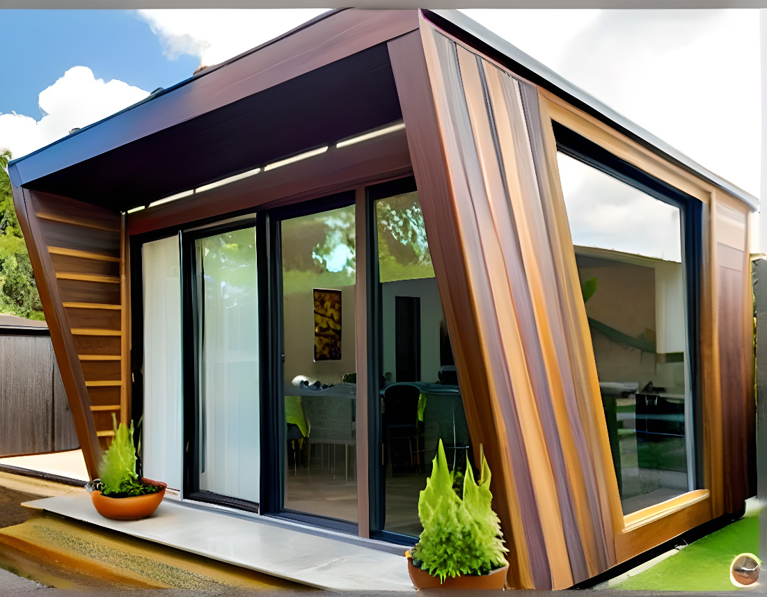 Modern garden room with large glass doors, stylish exterior, and a cozy, fully insulated interior, designed for year-round use.