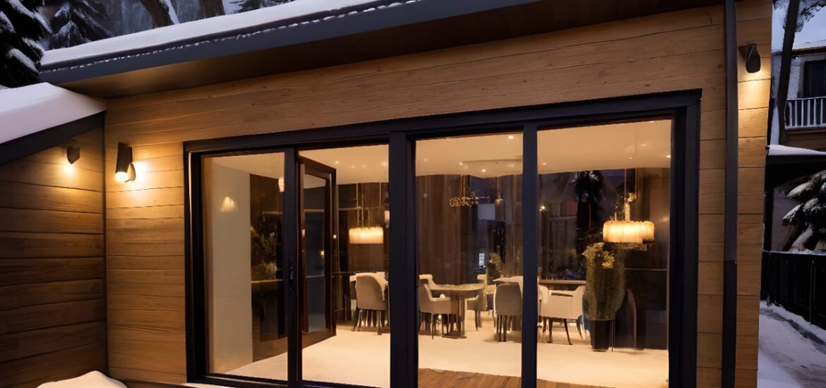 Modern garden house with large windows, wooden exterior, and a cozy interior surrounded by lush greenery and landscaping.