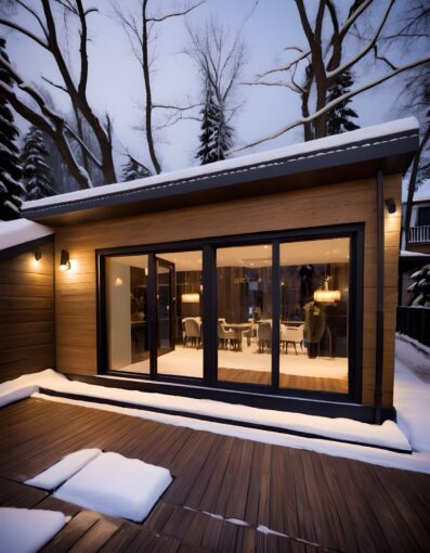 Modern garden house with large windows, wooden exterior, and a cozy interior surrounded by lush greenery and landscaping.