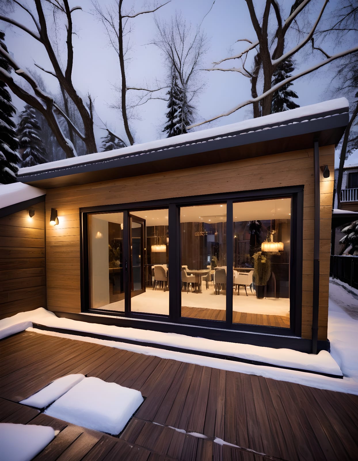 Modern garden house with large windows, wooden exterior, and a cozy interior surrounded by lush greenery and landscaping.