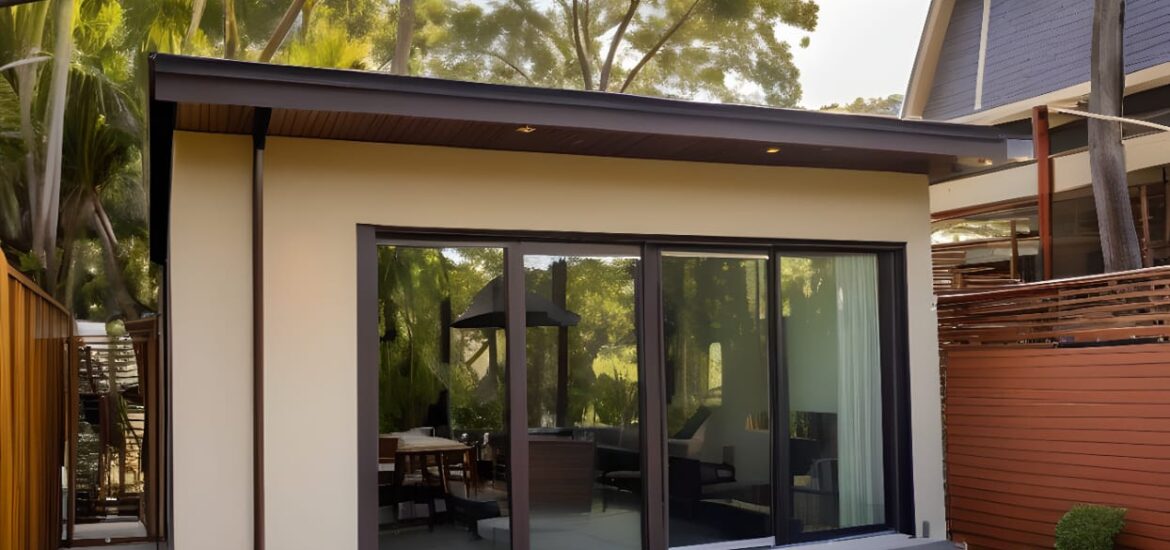 Beautiful backyard featuring a custom garden room, pergola, fire pit, and lush landscaping, creating a perfect outdoor retreat.