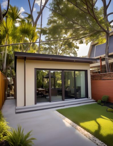 Beautiful backyard featuring a custom garden room, pergola, fire pit, and lush landscaping, creating a perfect outdoor retreat.