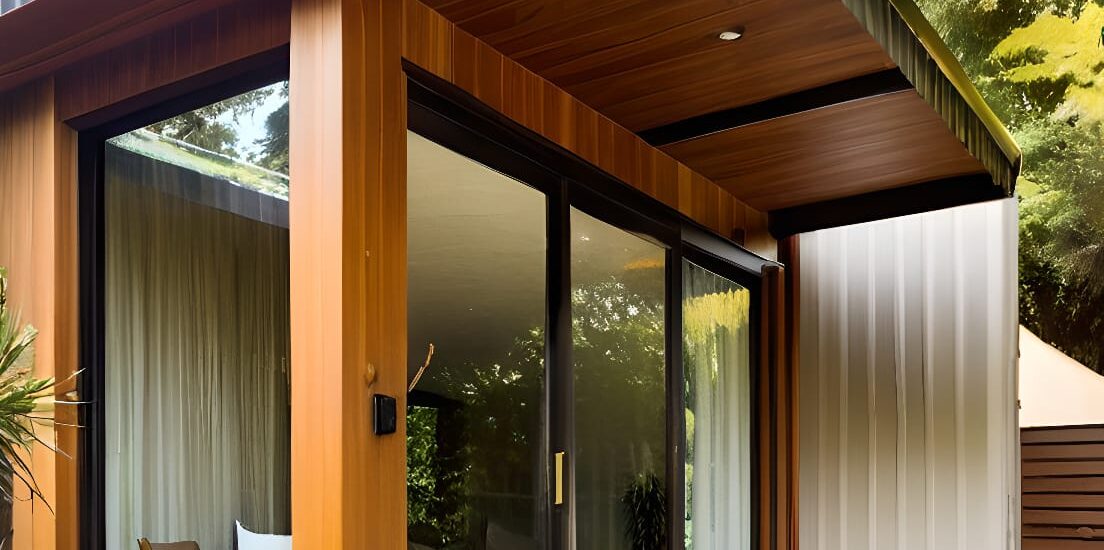 Modern custom-built garden room in a backyard, featuring large glass windows and a cozy interior setup for work or relaxation