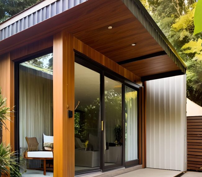 Modern custom-built garden room in a backyard, featuring large glass windows and a cozy interior setup for work or relaxation