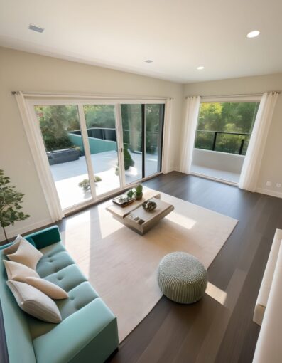 Modern garden room with large floor-to-ceiling windows overlooking a lush green backyard, filled with natural light.