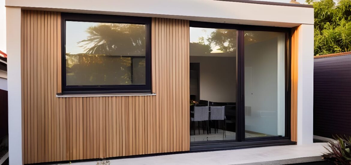 Modern custom garden room with large windows and wood siding next to a pre-fabricated standard garden room in a landscaped backyard.