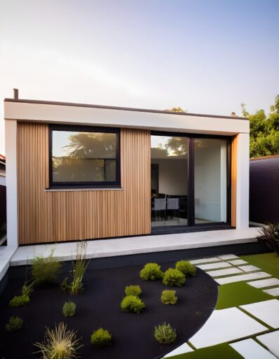Modern custom garden room with large windows and wood siding next to a pre-fabricated standard garden room in a landscaped backyard.