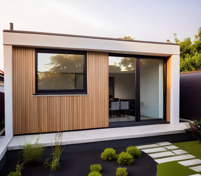 Modern custom garden room with large windows and wood siding next to a pre-fabricated standard garden room in a landscaped backyard.