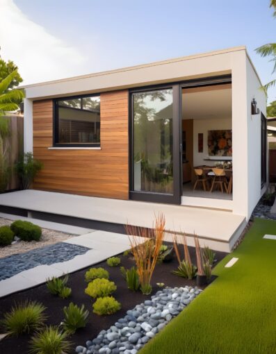 Luxurious garden with a custom outdoor living space, elegant pergola, water feature, and ambient lighting for a serene retreat.