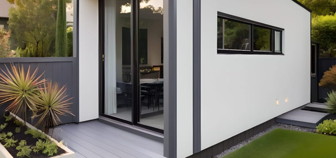 Modern custom garden home surrounded by lush greenery, designed for work and relaxation.