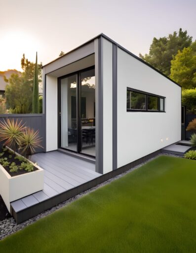 Modern custom garden home surrounded by lush greenery, designed for work and relaxation.