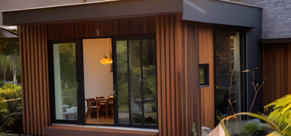 Modern garden room with large glass doors, surrounded by greenery.