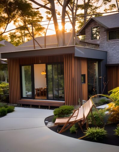 Modern garden room with large glass doors, surrounded by greenery.