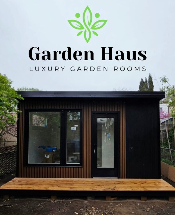 Modern custom garden room built on-site with large windows and all-season insulation.