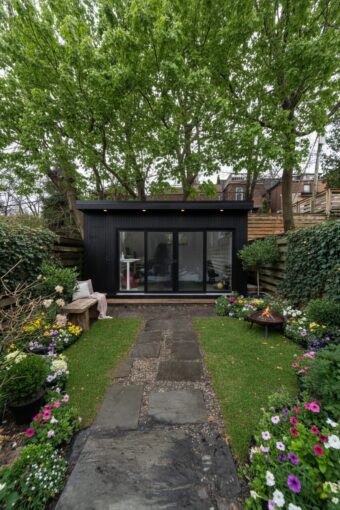 Modern backyard garden rooms with black corrugated metal siding