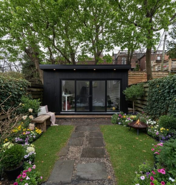Modern backyard garden room with black corrugated metal siding