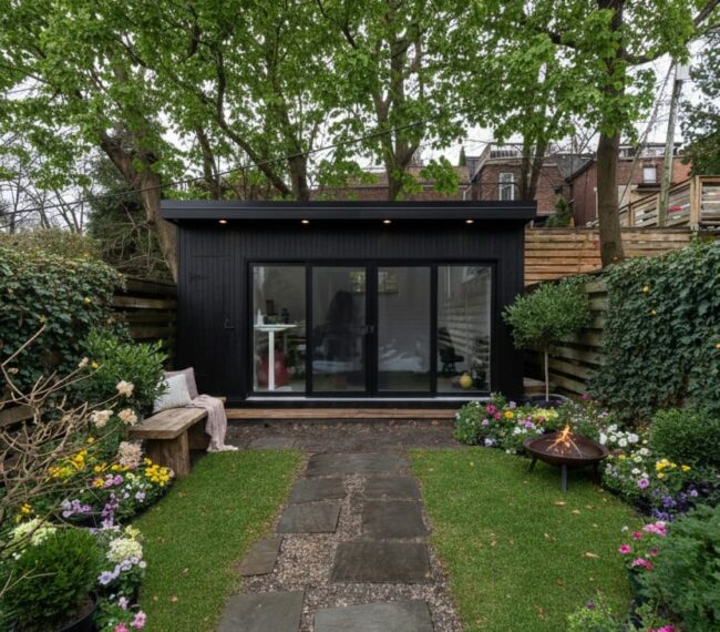 Modern backyard garden rooms with black corrugated metal siding
