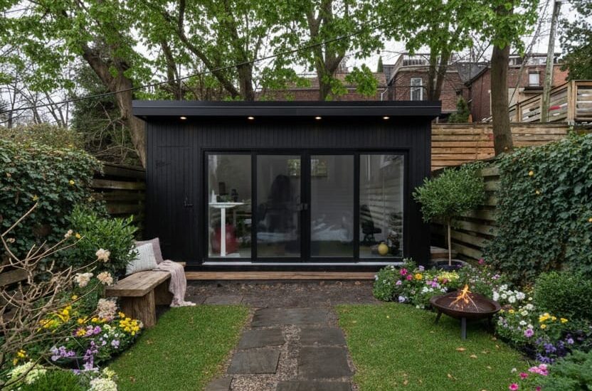 Modern backyard garden rooms with black corrugated metal siding