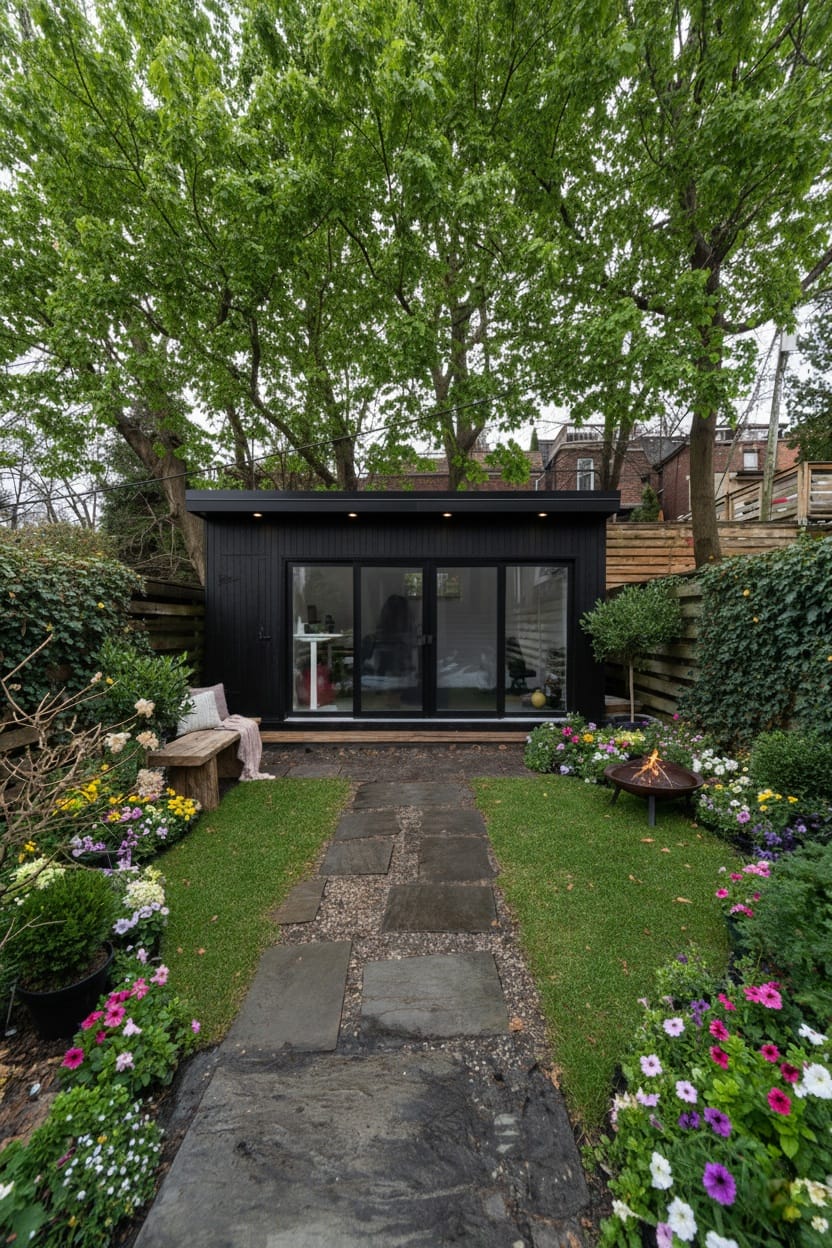 Modern backyard garden room with black corrugated metal siding