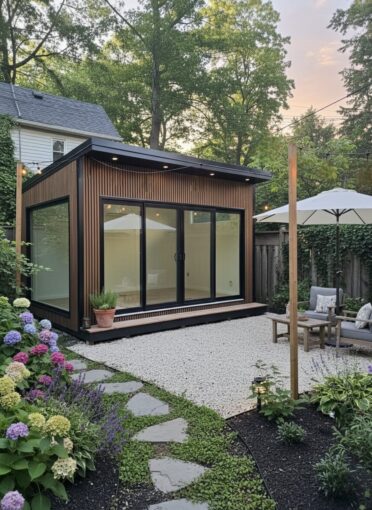 Luxury Garden Haus garden rooms with modern design, floor-to-ceiling glass, and a landscaped backyard setting