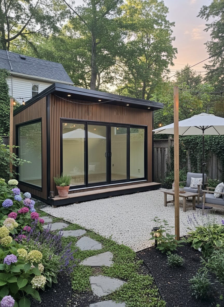 Luxury Garden Haus garden rooms with modern design, floor-to-ceiling glass, and a landscaped backyard setting