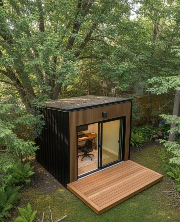 A sleek, black timber garden office with floor-to-ceiling glass windows and a flat roof.