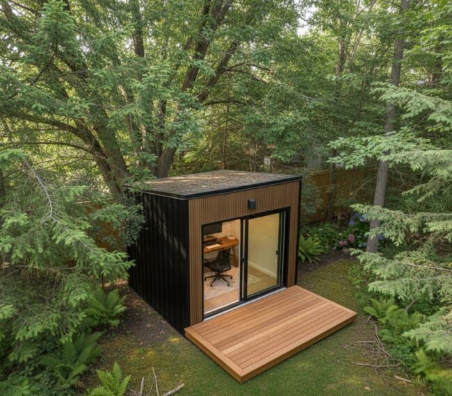 A sleek, black timber garden office with floor-to-ceiling glass windows and a flat roof.