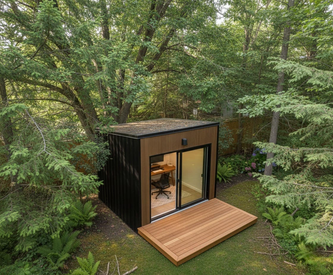 A sleek, black timber garden office with floor-to-ceiling glass windows and a flat roof.