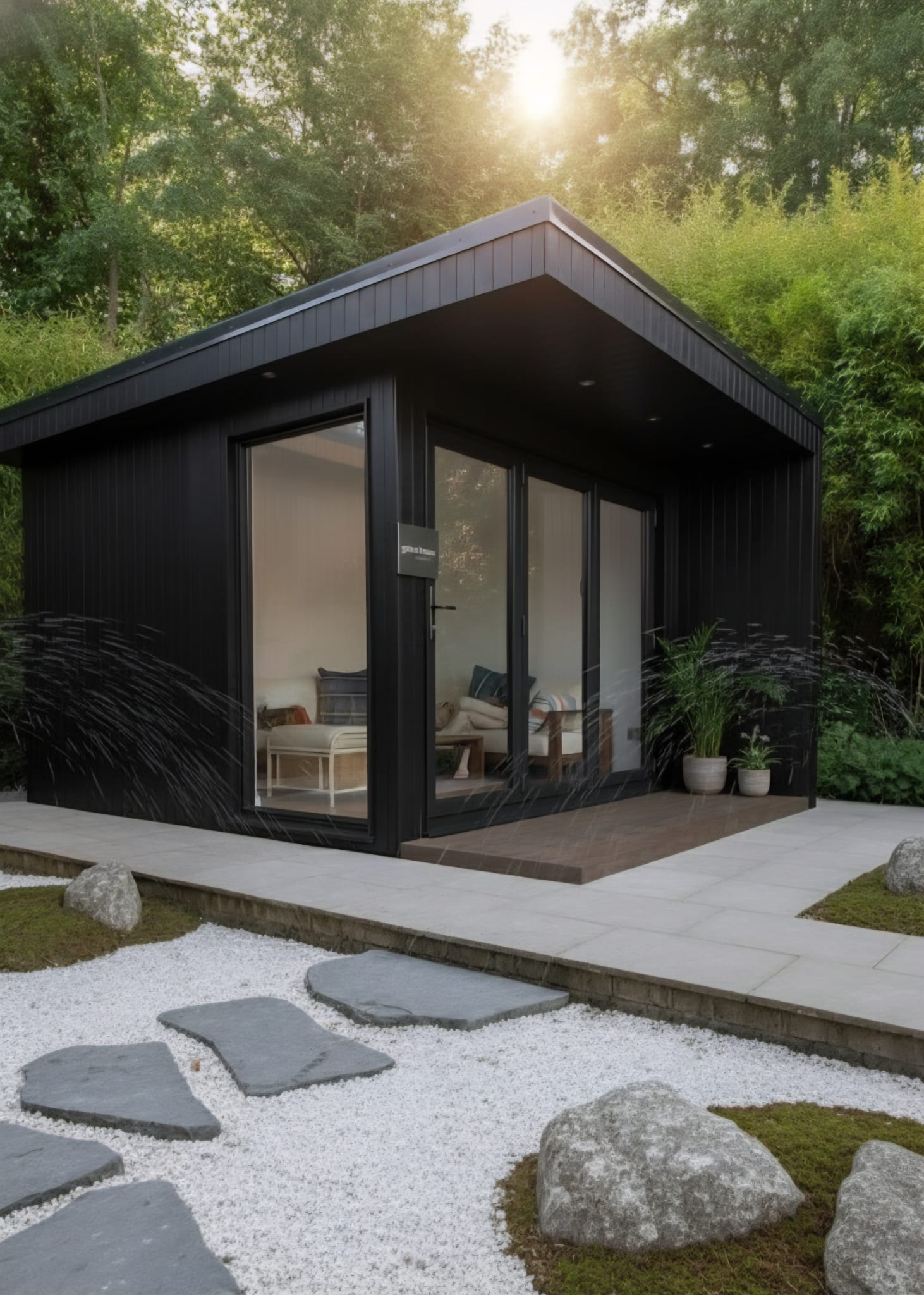 Luxury Garden Haus garden rooms with modern design, floor-to-ceiling glass, and a landscaped backyard setting