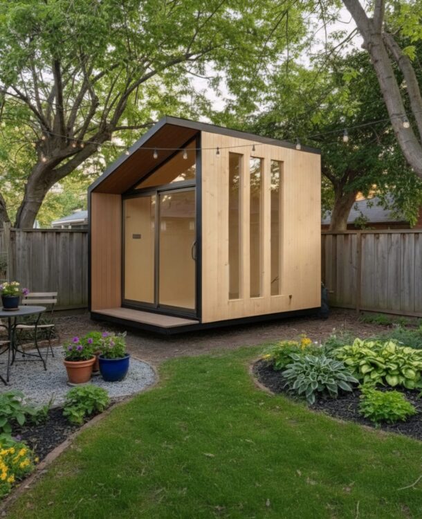 A small garden room in a lush garden filled with flowers, featuring a cozy desk and warm interior lighting