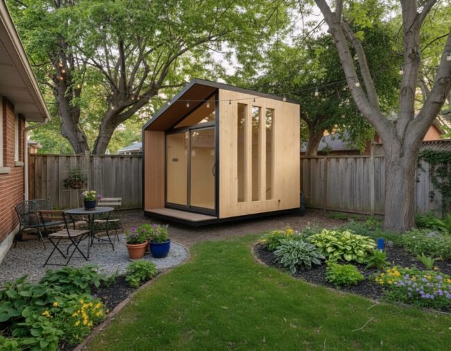 A small garden room in a lush garden filled with flowers, featuring a cozy desk and warm interior lighting