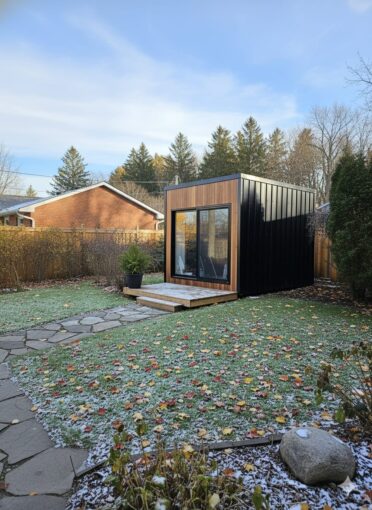 Black modern garden room with wood accents built by GardenHaus in a residential backyard