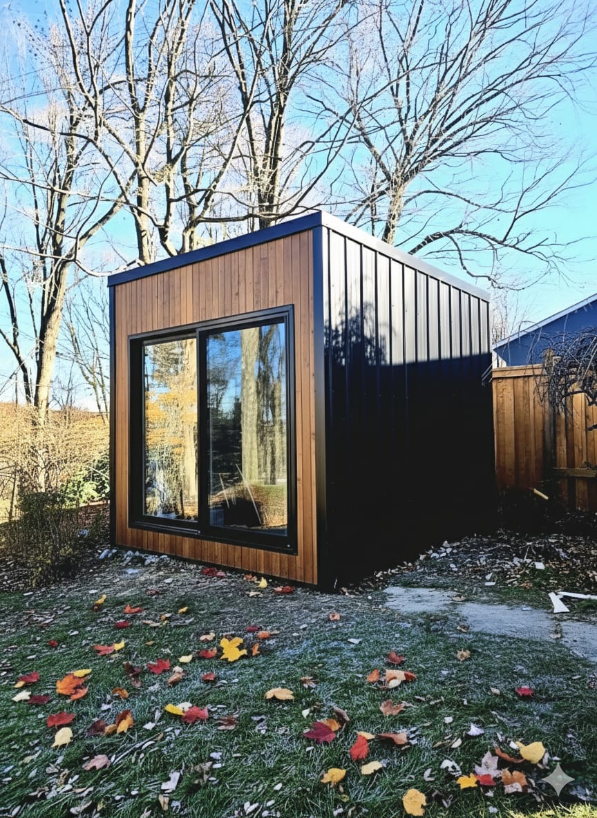 Modern charcoal grey garden room with large floor-to-ceiling glass sliding doors and wood cladding.