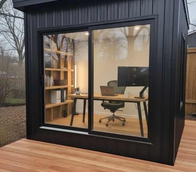 A side-by-side comparison of a cluttered, rustic wooden tool shed next to a sleek, modern garden office with floor-to-ceiling glass doors and a finished interior.